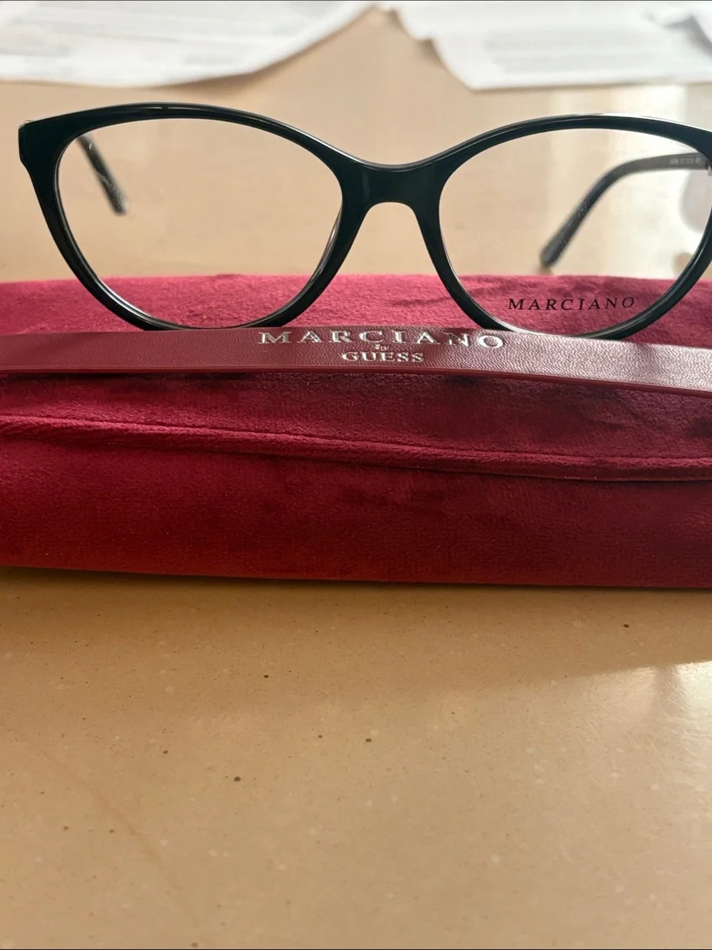 Marciano Black Cat-Eye Glasses with Burgundy Case